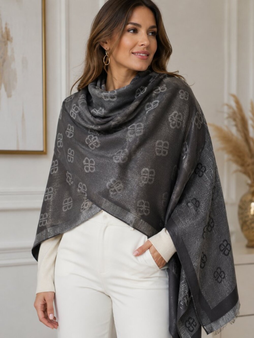 Luxury Monogram Knit Shawl Wrap Soft Gray Black Oversized Scarf